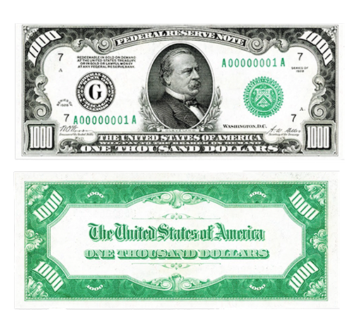 One-thousand-Dollar Federal Reserve Notes serie of 1928 Green Seal Fr.2210F Star